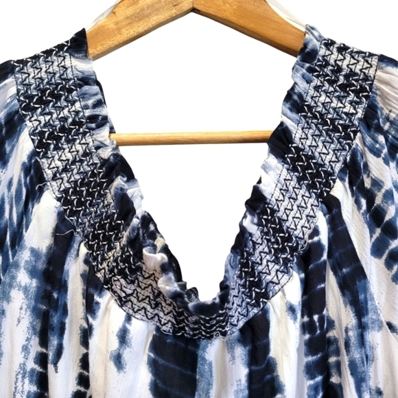 Large Tie Dye Smocked Lined Tassle String Long Sleeve Off the Shoulder Tunic - Picture 5 of 7